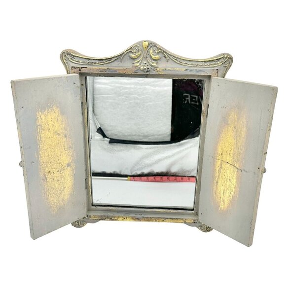 Vintage Ornate Tabletop Mirror With Gold Accents & Hinged Doors Rustic - Picture 2 of 8